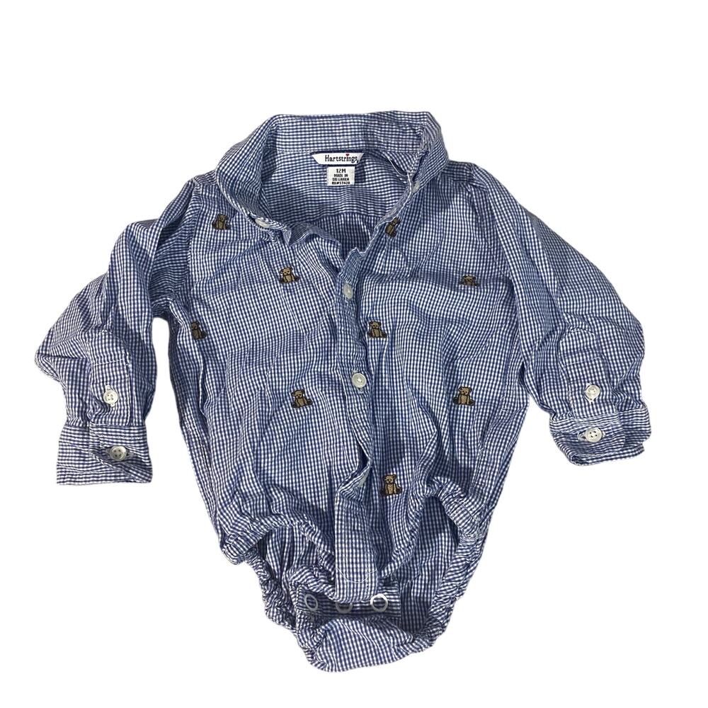 Hartstrings Blue & White Plaid Collared Button Up Baby One Piece Baby Boy 12M